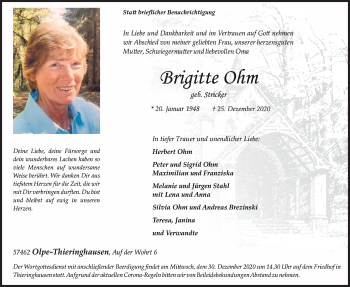 Traueranzeige von Brigitte Ohm von Siegener Zeitung