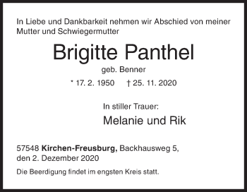 Traueranzeige von Brigitte Panthel von Siegener Zeitung