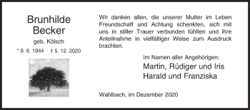 Traueranzeige von Brunhilde Becker von Siegener Zeitung