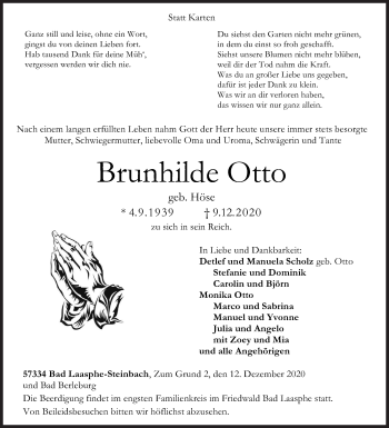 Traueranzeige von Brunhilde Otto von Siegener Zeitung