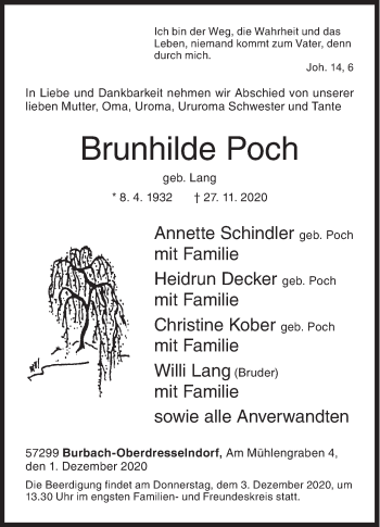 Traueranzeige von Brunhilde Poch von Siegener Zeitung