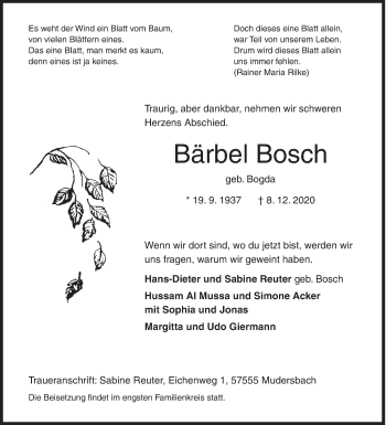 Traueranzeige von Bärbel Bosch von Siegener Zeitung