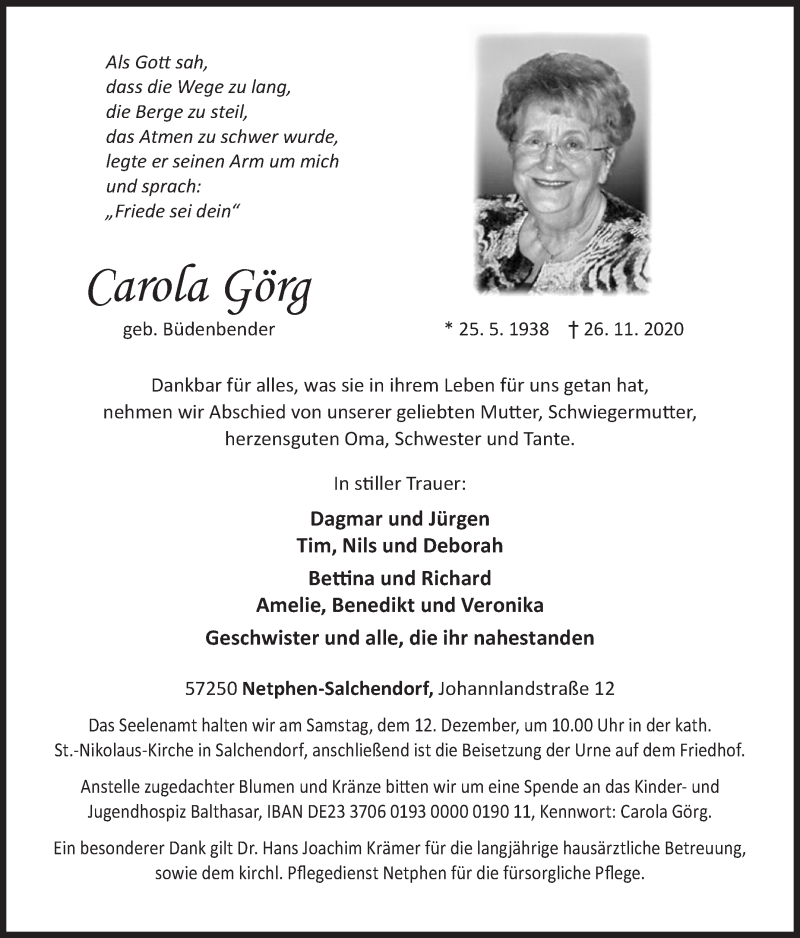  Traueranzeige für Carola Görg vom 05.12.2020 aus Siegener Zeitung
