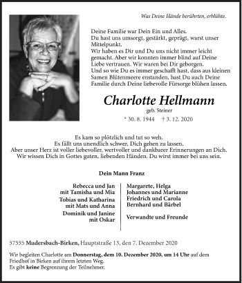 Traueranzeige von Charlotte Hellmann von Siegener Zeitung