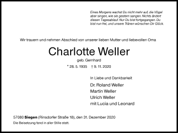 Traueranzeige von Charlotte Weller von Siegener Zeitung