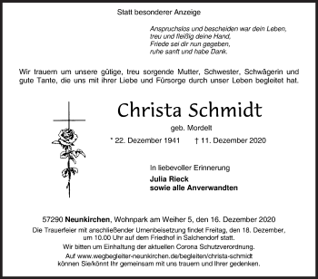 Traueranzeige von Christa Schmidt von Siegener Zeitung