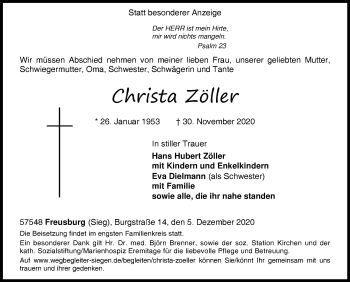 Traueranzeige von Christa Zöllen von Siegener Zeitung