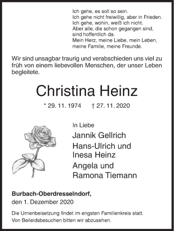 Traueranzeige von Christina Heinz von Siegener Zeitung