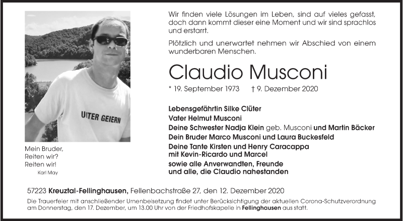  Traueranzeige für Claudio Musconi vom 12.12.2020 aus Siegener Zeitung