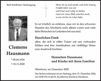 Traueranzeige von Clemens Hausmann von Siegener Zeitung