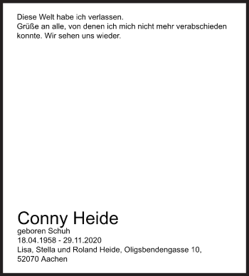 Traueranzeige von Conny Heide von Siegener Zeitung