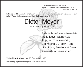 Traueranzeige von Dieter Meyer von Siegener Zeitung
