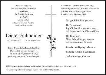 Traueranzeige von Dieter Schneider von Siegener Zeitung