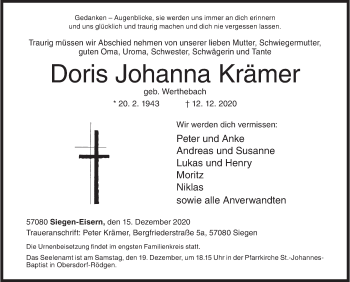 Traueranzeige von Doris Johanna Krämer von Siegener Zeitung