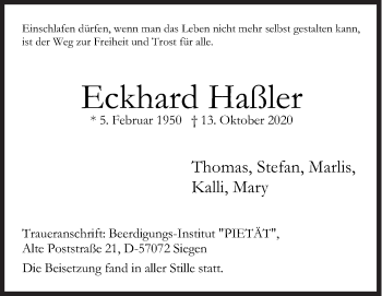 Traueranzeige von Eckhard Haßler von Siegener Zeitung