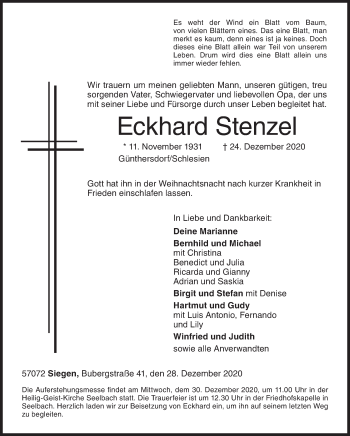 Traueranzeige von Eckhard Stenzel von Siegener Zeitung