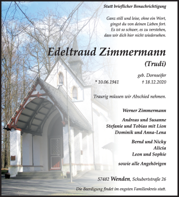 Traueranzeige von Edeltraud Zimmermann von Siegener Zeitung
