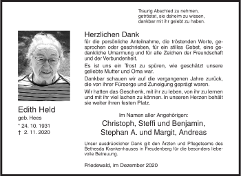 Traueranzeige von Edith Held von Siegener Zeitung