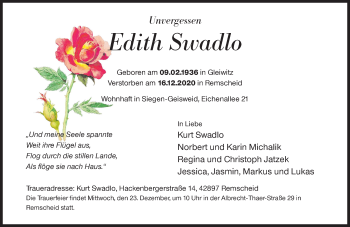 Traueranzeige von Edith Swadlo von Siegener Zeitung