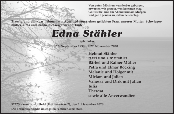 Traueranzeige von Edna Stähler von Siegener Zeitung