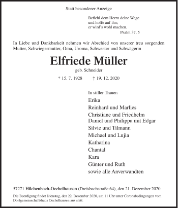 Traueranzeige von Elfriede Müller von Siegener Zeitung
