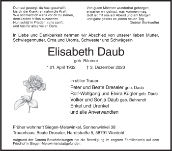 Traueranzeige von Elisabeth Daub von Siegener Zeitung
