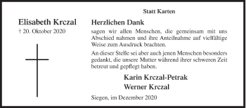 Traueranzeige von Elisabeth Krczal von Siegener Zeitung