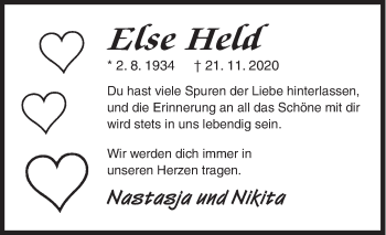 Traueranzeige von Else Held von Siegener Zeitung