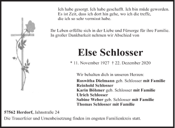 Traueranzeige von Else Schlosser von Siegener Zeitung