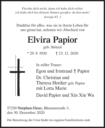 Traueranzeige von Elvira Papior von Siegener Zeitung