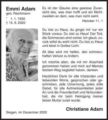 Traueranzeige von Emmi Adam von Siegener Zeitung