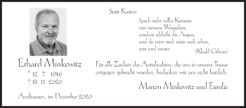 Traueranzeige von Erhard Minkewitz von Siegener Zeitung