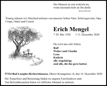Traueranzeige von Erich Mengel von Siegener Zeitung