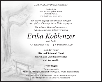 Traueranzeige von Erika Koblenzer von Siegener Zeitung