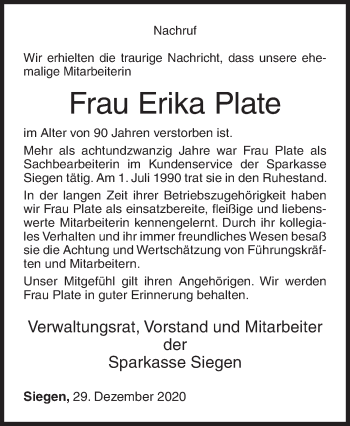 Traueranzeige von Erika Plate von Siegener Zeitung