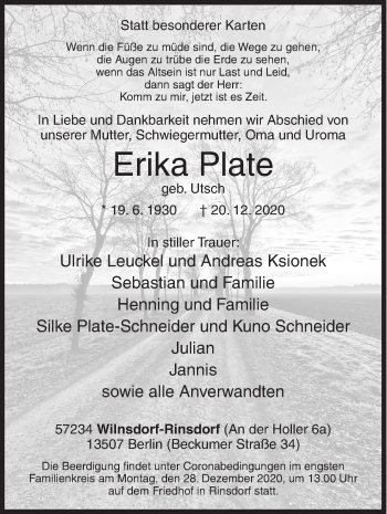 Traueranzeige von Erika Plate von Siegener Zeitung