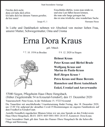 Traueranzeige von Erna Dora Kraus von Siegener Zeitung