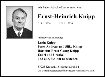 Traueranzeige von Ernst-Heinrich Knipp von Siegener Zeitung