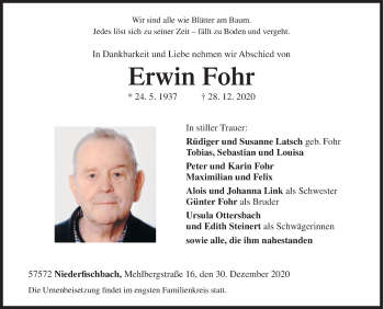 Traueranzeige von Erwin Fohr von Siegener Zeitung