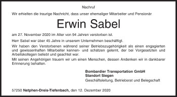 Traueranzeige von Erwin Sabel von Siegener Zeitung