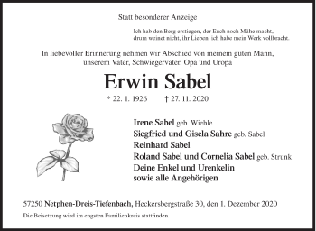 Traueranzeige von Erwin Sabel von Siegener Zeitung