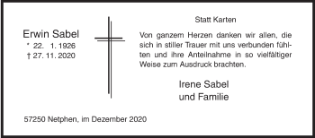 Traueranzeige von Erwin Sabel von Siegener Zeitung