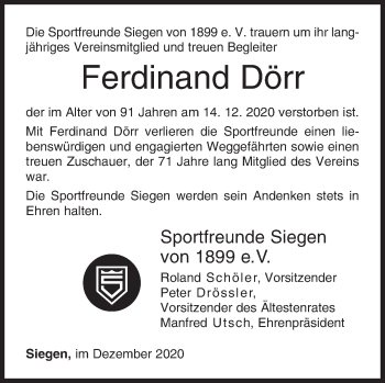 Traueranzeige von Ferdinand Dörr von Siegener Zeitung
