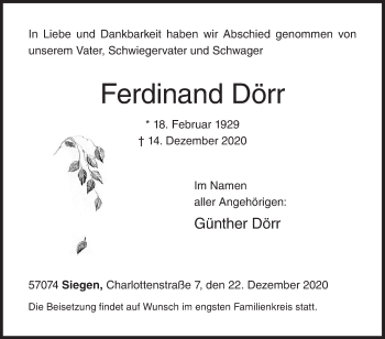 Traueranzeige von Ferdinand Dörr von Siegener Zeitung
