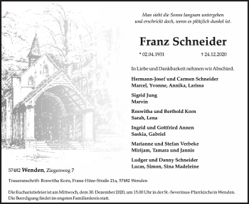 Traueranzeige von Franz Schneider von Siegener Zeitung