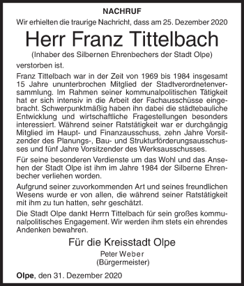 Traueranzeige von Franz Tittelbach von Siegener Zeitung