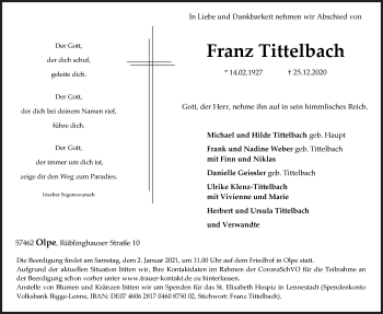 Traueranzeige von Franz Tittelbach von Siegener Zeitung