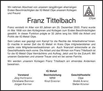 Traueranzeige von Franz Tittelbach von Siegener Zeitung