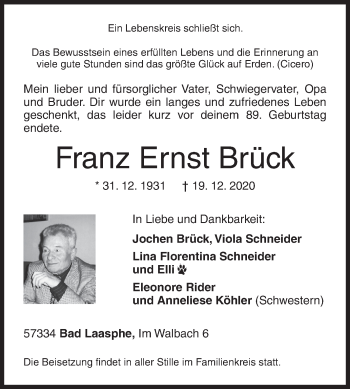 Traueranzeige von Franz Ernst Brück von Siegener Zeitung