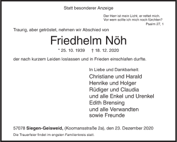 Traueranzeige von Friedhelm Nöh von Siegener Zeitung